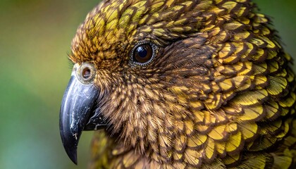 Close-up profile of a bird with intricate yellow and brown feather details, focused eye, and distinctive beak