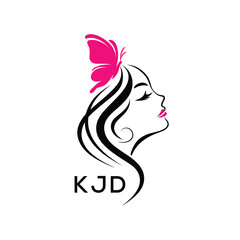KJD Elegant Beauty Woman Logo. KJD with Butterfly Feminine Salon & Spa Branding. KJD Luxury Beauty Icon Design.
