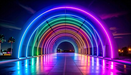 Colorful illuminated archway with geometric lights over palm-lined pedestrian path at night for editorial urban photography festive design and poetic spectacle-themed visuals