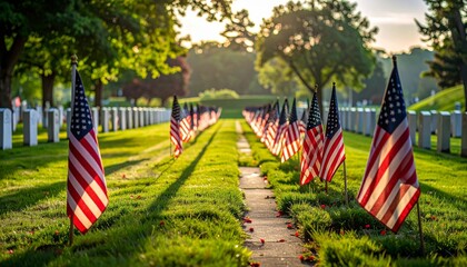 Military cemetery with gravestones and American flags along autumn pathway for editorial tribute photography remembrance design and poetic honor-themed visuals