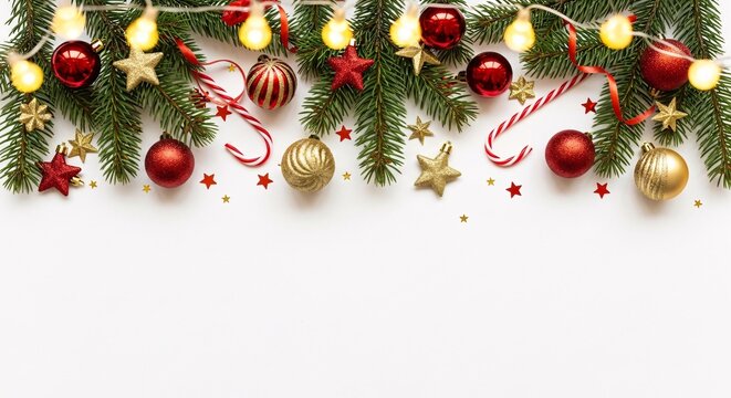 Christmas decorations border with ornaments, candy canes, stars, lights, and fir branches on a white background.
