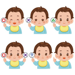 マルとバツなどの札を持った男の子の赤ちゃん　上半身イラスト／Baby Boy Holding Yes and No Signs　upper body illustration