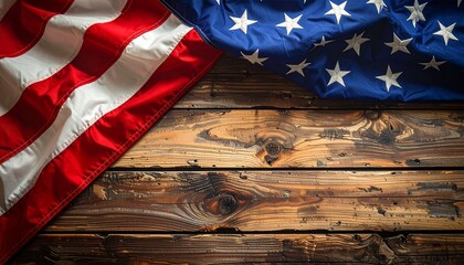 American flag with red white and blue stripes draped over rustic wooden surface for editorial patriotic photography heritage design and poetic symbolism-themed visuals