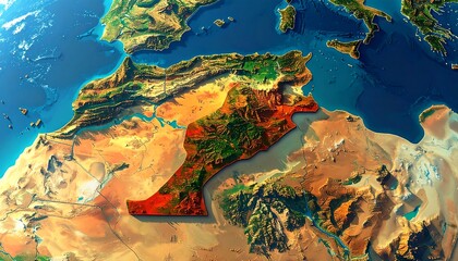 Colorful topographic relief map of North African countries with vibrant greens, browns, blues and desert hues