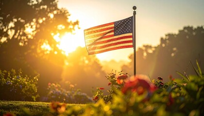 American flag waving on flagpole during sunrise with golden light misty trees and serene atmosphere for editorial patriotic photography commemorative design and poetic heritage-themed visuals