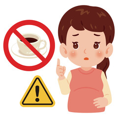 妊婦さんとカフェインの禁止マーク　上半身イラスト／Pregnant Woman with No Caffeine Sign　upper body illustration