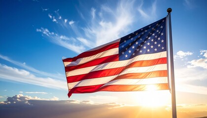 American flag waving in wind against vibrant sunrise or sunset sky with scattered clouds for editorial patriotic photography national pride design and poetic freedom-themed visuals