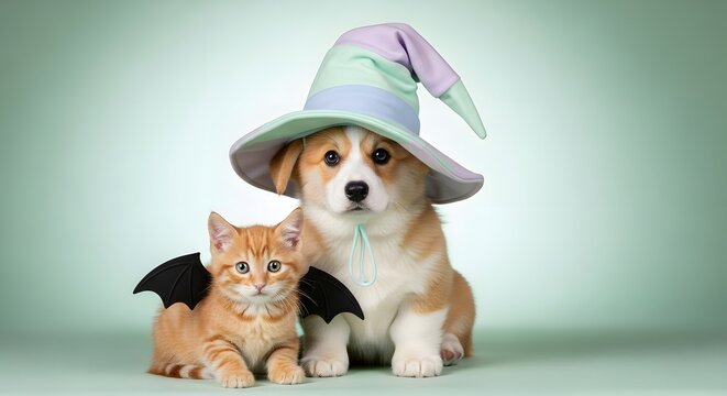 Corgi and Kitten in Witch Hat for Halloween