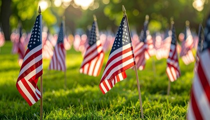 Grassy field with rows of small American flags fluttering in sunlight for editorial patriotic photography commemorative design and poetic remembrance-themed visuals