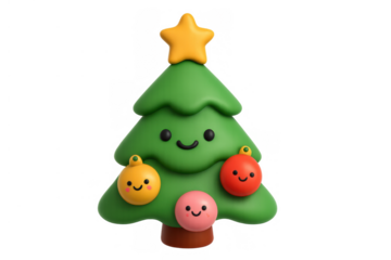 Cute christmas tree character decorated with smiling ornaments and star topping, celebrating holiday season in 3d
