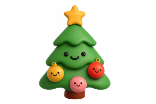 Cute christmas tree character decorated with smiling ornaments and star topping, celebrating holiday season in 3d