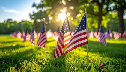 Grassy field with rows of small American flags fluttering in sunlight for editorial patriotic photography commemorative design and poetic remembrance-themed visuals
