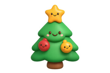 Fototapeta premium Kawaii christmas tree character smiling, wearing a star and ornaments, celebrating winter holiday season