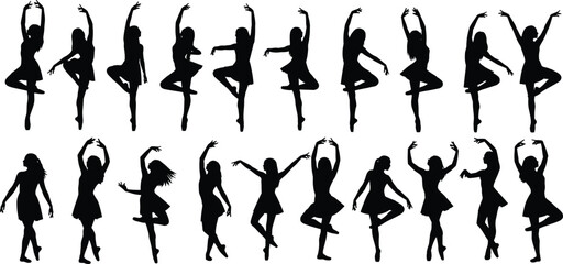 Ballet dancer silhouette vector set, black female icons, graceful pose designs, classical movement illustration, dance artwork, elegant posture theme, stage concept