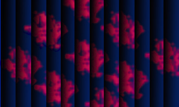 Abstract close up of a microscopic biological cell with vibrant pink and red structures against a dark blue background with vertical lines