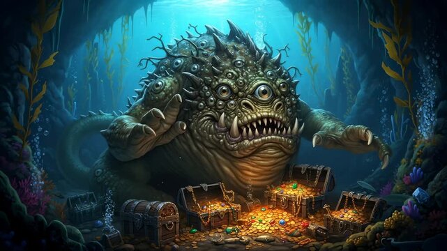 Terrifying many-eyed sea monster guarding treasure chests in an underwater cave, a mythical beast animation