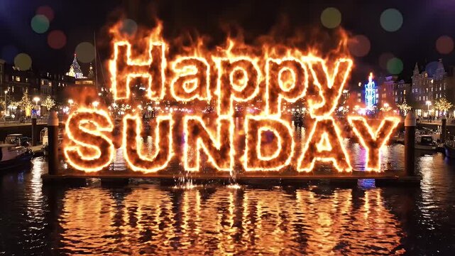 A cityscape night scene featuring a waterfront with illuminated "Happy Sunday" text on fire