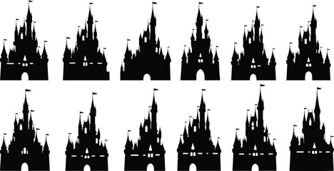 Castle silhouette vector set, black fairytale icons, medieval architecture design, fantasy fortress illustration, symmetrical spire layout, enchanted building artwork