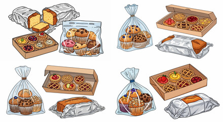 Assorted baked goods in packaging for bakery display