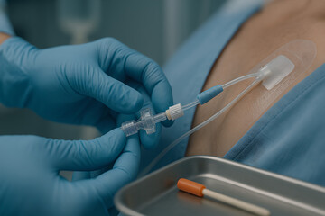 Photorealistic parenteral nutrition (PN) setup in ICU, central venous catheter line connected to dual-chamber PN bag with separate lipid emulsion bag