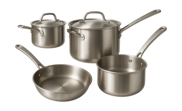 A durable aluminum cookware set with riveted handles for aspiring home chefs.