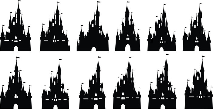 Castle silhouette vector set, black fairytale icons, medieval architecture design, fantasy fortress illustration, symmetrical spire layout, enchanted building artwork