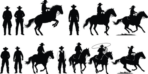 Cowboy and horse silhouette vector set, black western icons, riding poses, lasso action, rural lifestyle design, wild west art, ranch theme