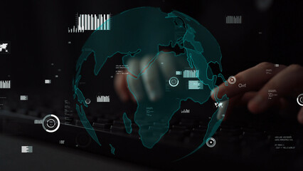 A modern composition illustrating global connectivity, featuring a hands-on keyboard interaction with a digital map display, emphasizing data flow and technological insights. Xenic