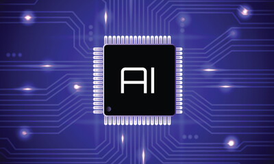 CPU with Light Glowing Neon Frame on Circuit Board - Technology Semiconductor on Blue Background, Empty AI Chip, Digital Tech Background, Big Data and Artificial Intelligence Concept Power