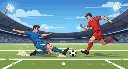 Soccer players in action during a competitive match on the field. © Marie