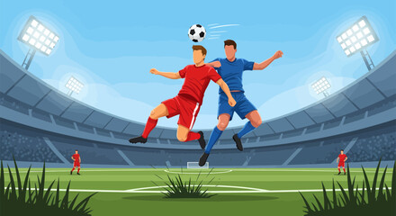 Two soccer players jumping to head the ball in the stadium.