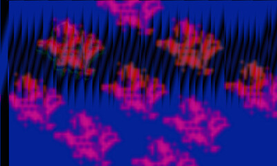 Abstract digital art with a repeating pattern of stylized red and magenta floral or star shapes against a dark blue background with vertical lines