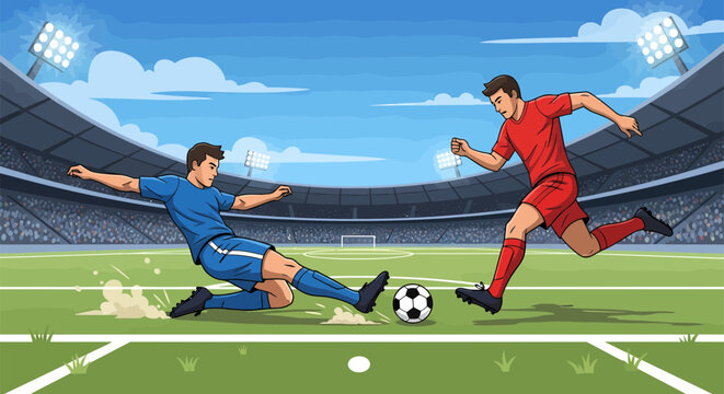 Soccer players in action during a competitive match on the field.