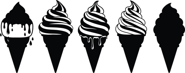 Ice cream cone silhouette vector set, black dessert icons, soft serve and syrup design, summer snack illustration, sweet treat artwork, food theme