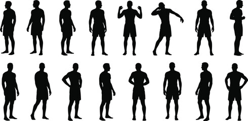 Male figure silhouette vector set, black human icons, standing and action poses, body gesture illustration, anatomy artwork, movement theme, character design
