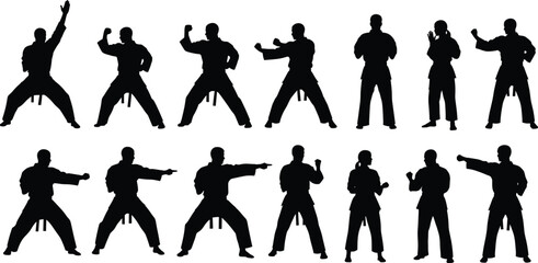 Martial arts silhouette vector set, black karate icons, taekwondo poses, fighting stances, traditional uniform design, self-defense illustration, combat motion art