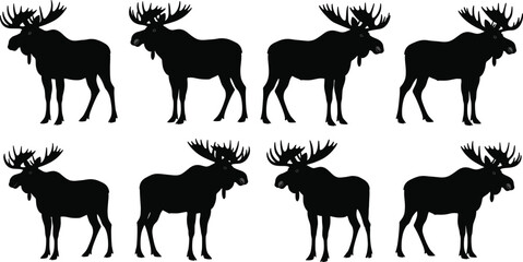 Moose silhouette vector set, black wildlife icons, antlered animal design, forest creature illustration, nature artwork, standing posture theme, outdoor concept