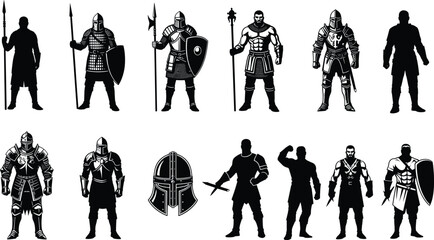 Medieval warrior silhouette vector set, black knight icons, armor and weapon designs, historical combat illustration, battle artwork, ancient warfare theme