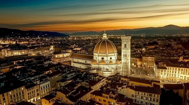 Panoramic twilight view of Florence showcasing its iconic Duomo cathedral and historic bell tower