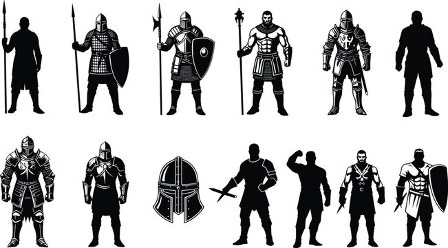 Medieval warrior silhouette vector set, black knight icons, armor and weapon designs, historical combat illustration, battle artwork, ancient warfare theme