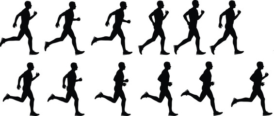 Running figure silhouette vector set, black human motion icons, athletic stride phases, body movement illustration, sports training artwork, dynamic pose theme