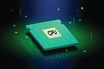 CPU with Light Glowing Neon Frame on Circuit Board - Technology Semiconductor on Blue Background, Empty AI Chip, Digital Tech Background, Big Data and Artificial Intelligence Concept Power