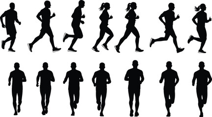 Running silhouette vector set, black athletic icons, male and female runner poses, dynamic motion design, fitness illustration, sports movement artwork