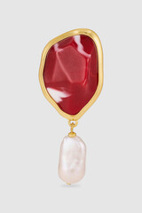 Elegant gold earring with red agate and baroque pearl gemstones