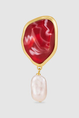 Elegant gold framed earring with red agate and baroque pearl dangle