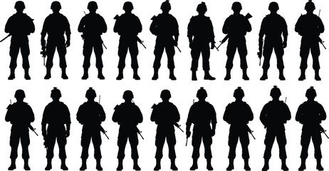 Soldier silhouette vector set, black military icons, rifle stance poses, armed forces design, tactical illustration, combat gear artwork, defense theme