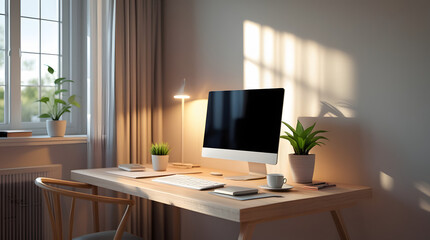 Fototapeta premium Modern Comfortable Home Office Workspace with Computer