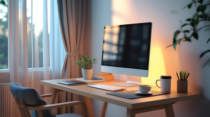 Fototapeta premium Cozy Minimalist Desk Setup in Bright Home Interior