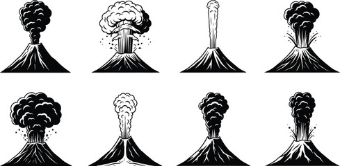 Volcano eruption silhouette vector set, black geology icons, explosive plume designs, ash cloud illustration, natural disaster artwork, eruption theme, terrain concept