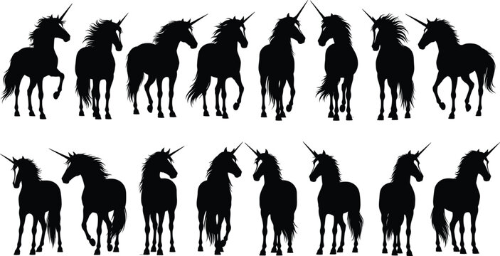 Unicorn silhouette vector set, black fantasy icons, magical creature poses, stylized mane design, mythical horse illustration, fairytale artwork, enchanted theme